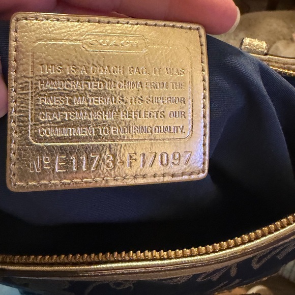 Coach Y2K Blue Gold Script Canvas Tote Shoulder Bag Hearts Charm Zip Top - Picture 3 of 16